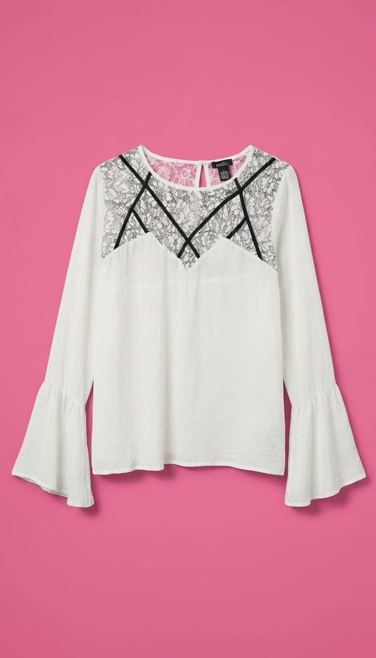 rue21 Womens White Black Lace Trim Bell Sleeve Blouse Top Size S